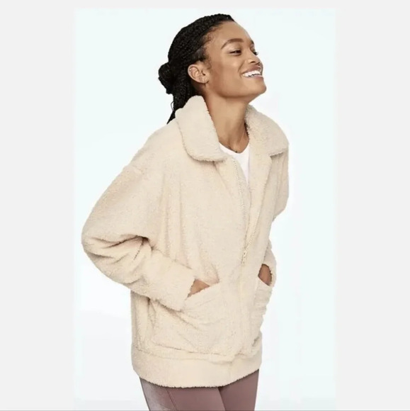 Victoria’s Secret PINK Cream Fuzzy Teddy Bear Sherpa Jacket Coat Full Zip Up M - Picture 1 of 9